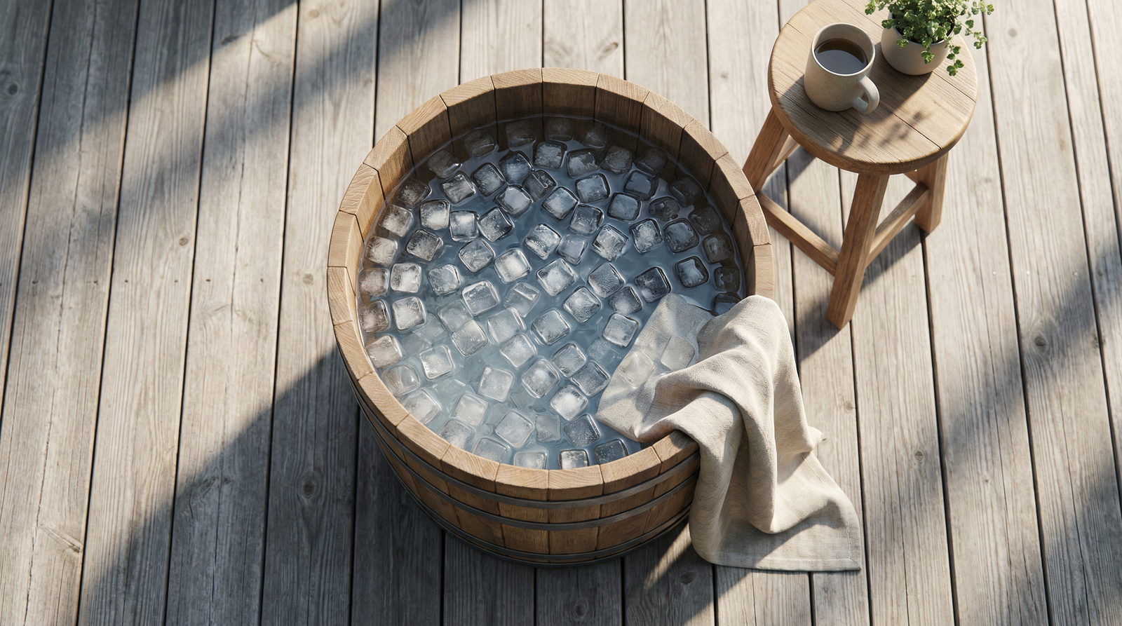 Ice bath on a wooden deck in morning light
