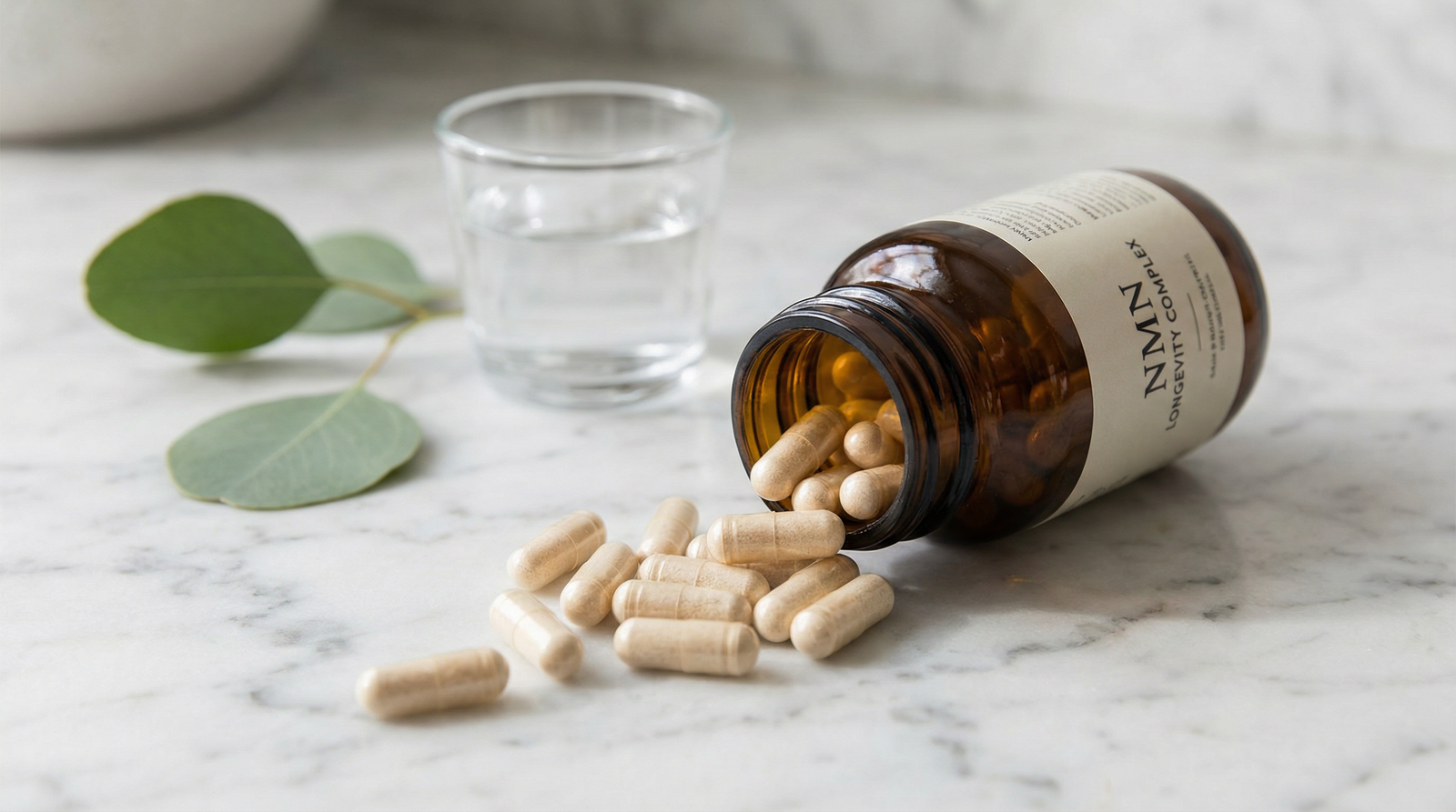NMN supplement capsules on marble surface