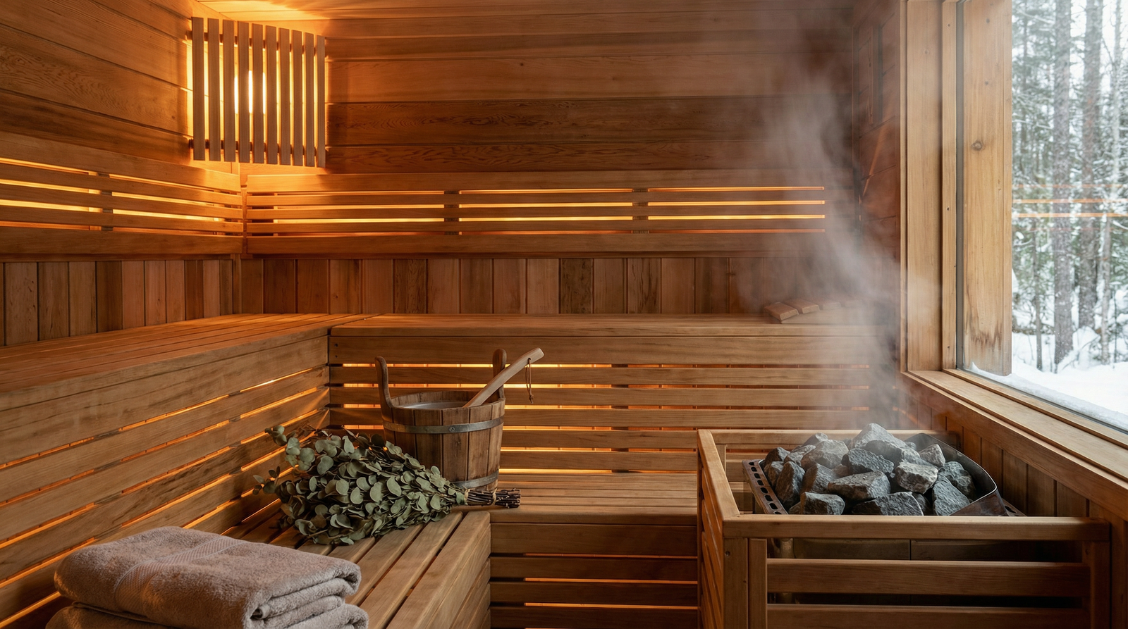 Warm wooden sauna interior with steam rising